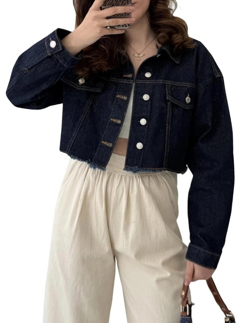Women Denim Blue Washed Distressed Denim Long Sleeve Ripped Cropped Jean Jacket